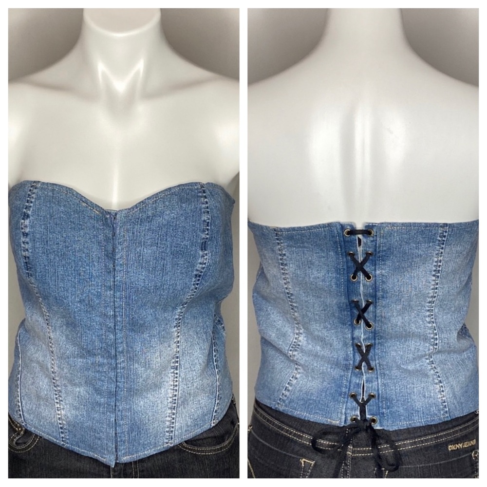 Retro Blue Pointe Jeans Denim Lace-Up Corset w/ Hook & Eye Front Closure, Large